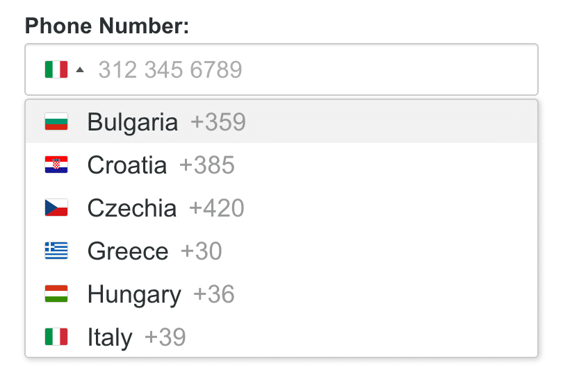 Primjer odabira zemlje u polju za telefon